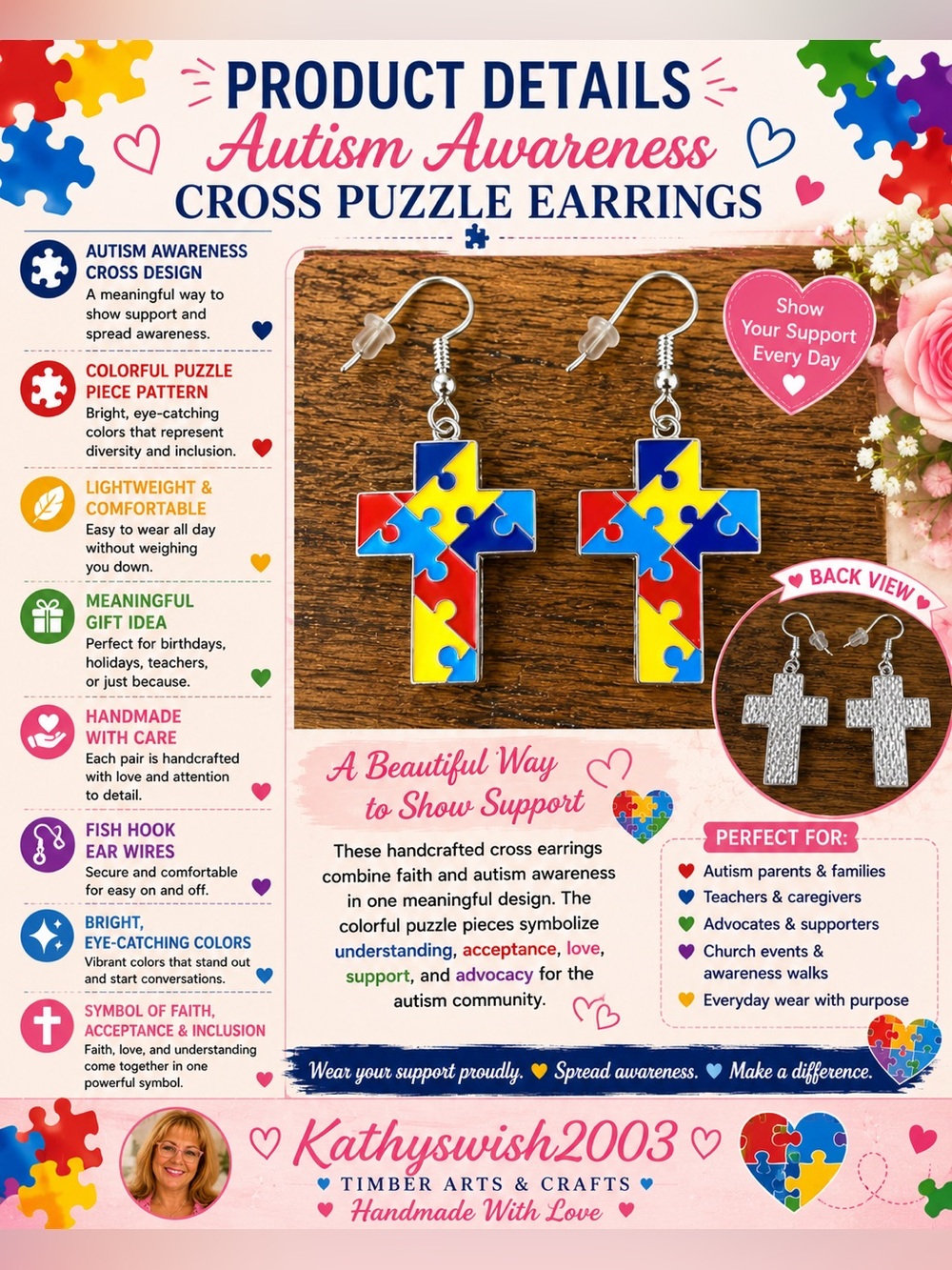 Autism Awareness Cross Puzzle Earrings - Picture 3 of 16
